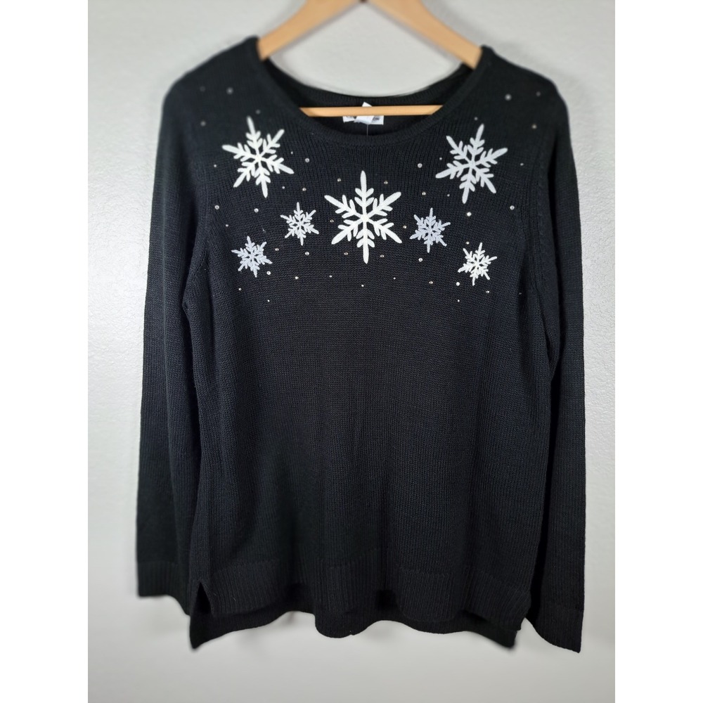 Croft & Barrow Womens Black Snowflake Holiday Sweater Sequin Rhinestone Large